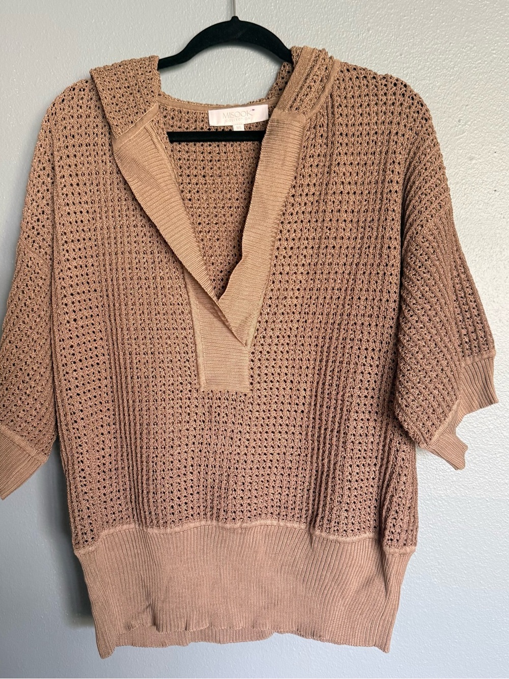Misook Open-Weave Hooded Pullover in Taupe Womens Size M/L